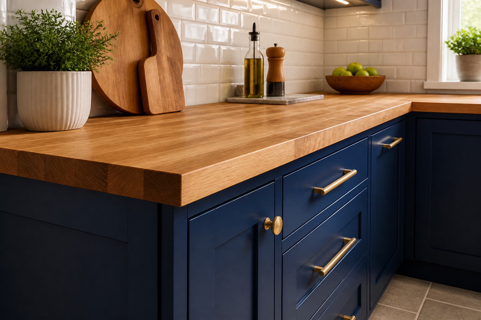 Light blue shaker cabinets with wood tops
