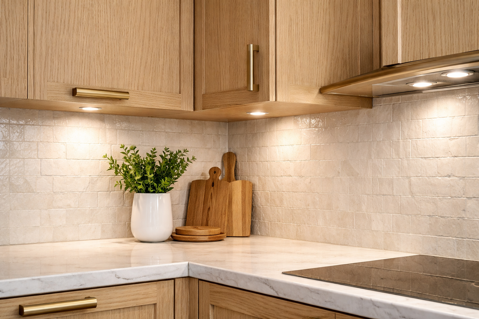 White oak cabinets in bright family kitchen