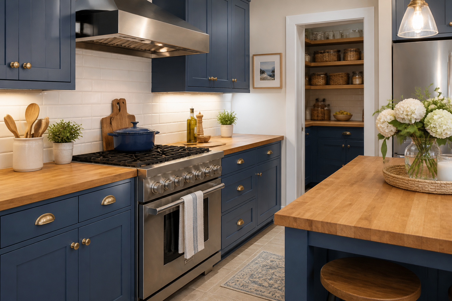 Navy cabinets with warm wood island top