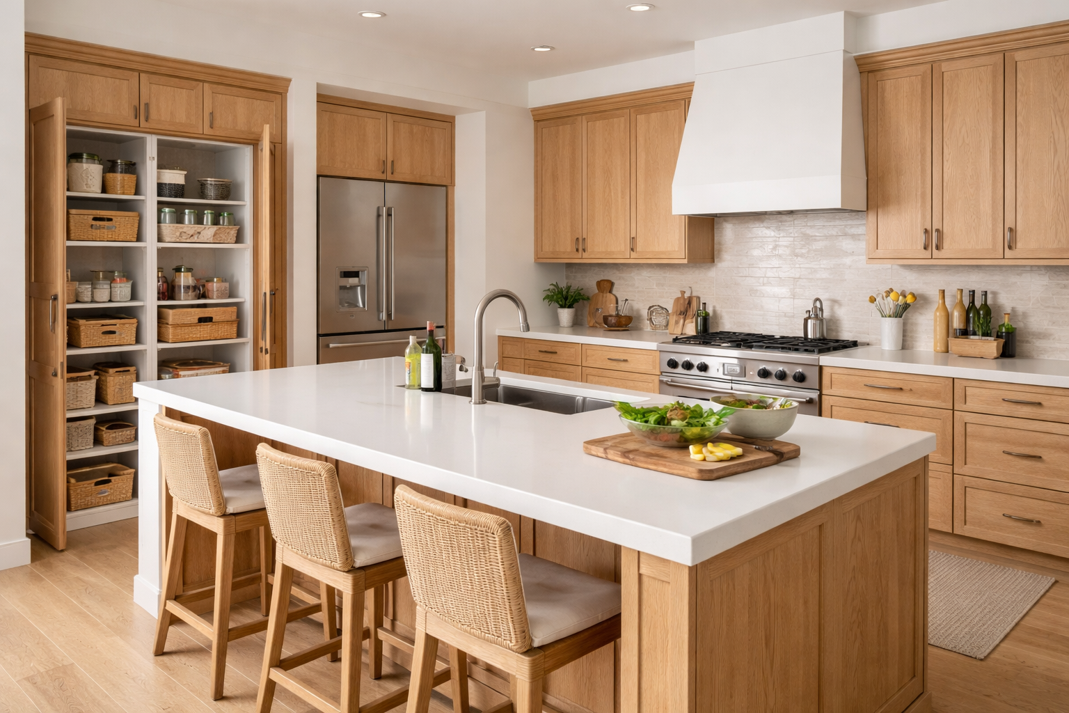 White oak cabinetry paired with quartz countertops