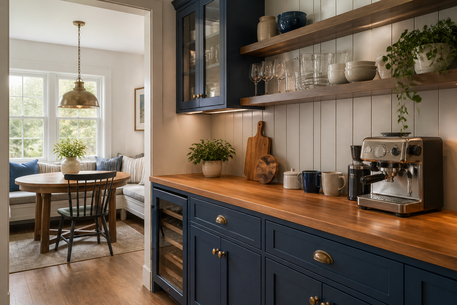 Teal kitchen cabinets with butcher block island