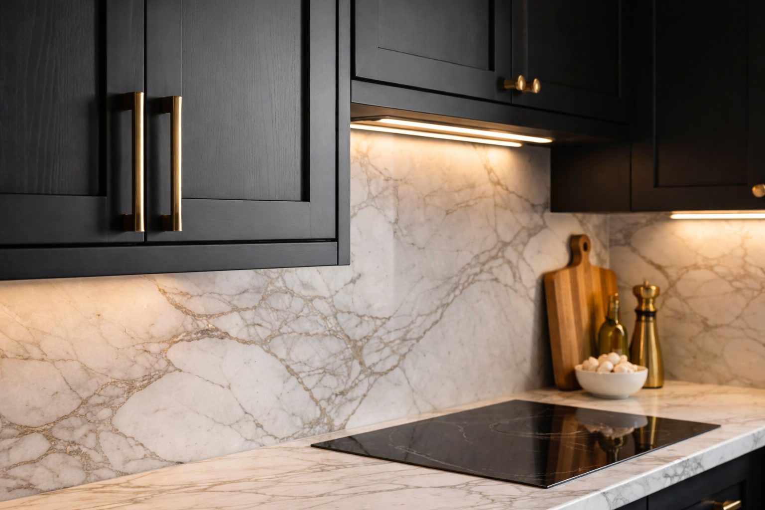 Black shaker kitchen with light countertops