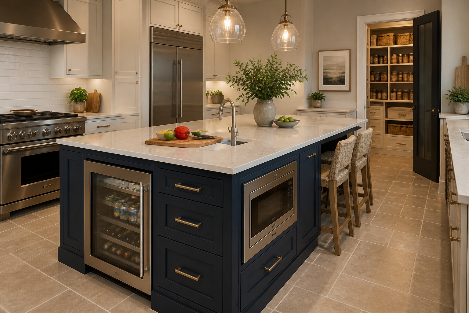 Quartz countertop on large kitchen island
