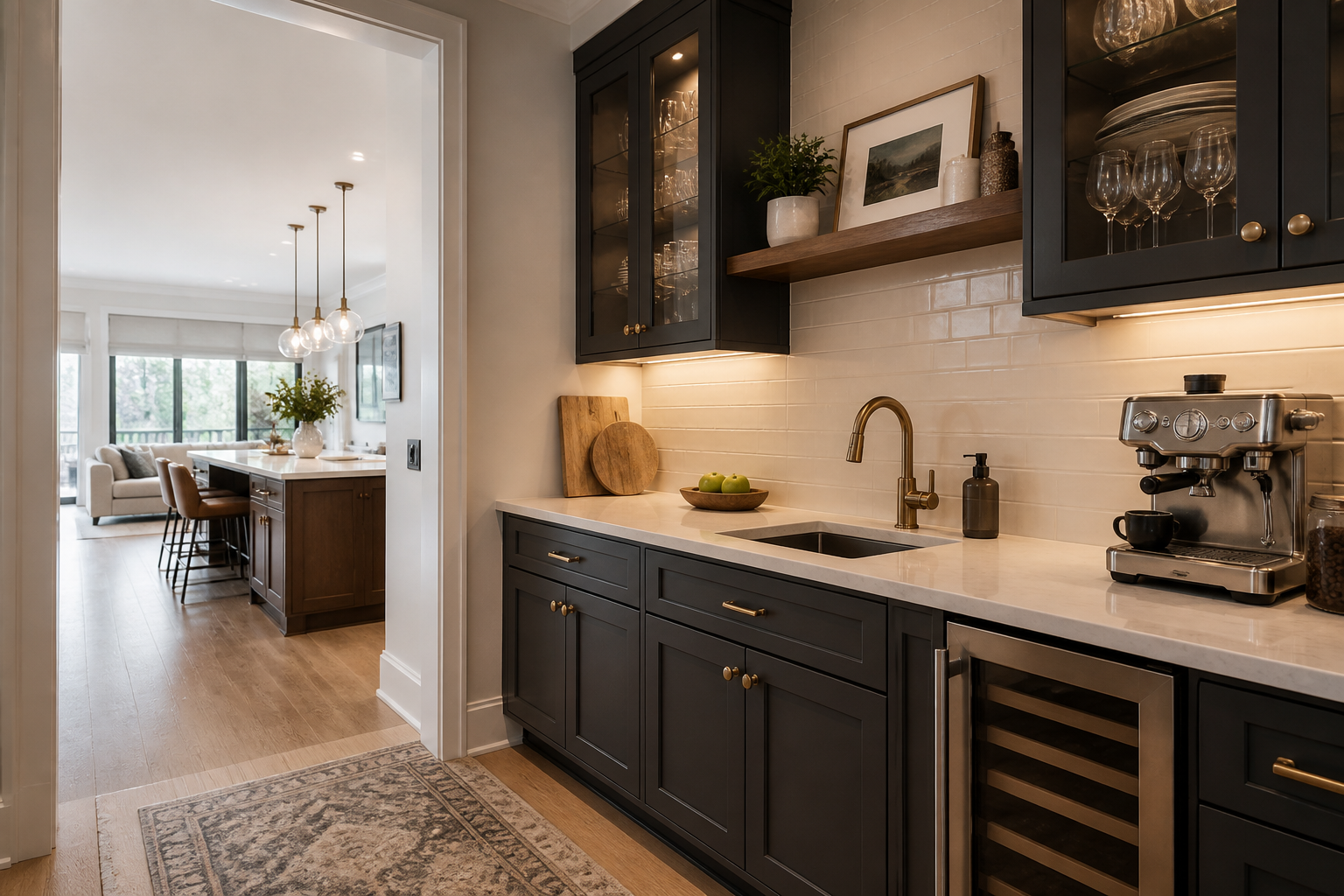 Family using large kitchen island together