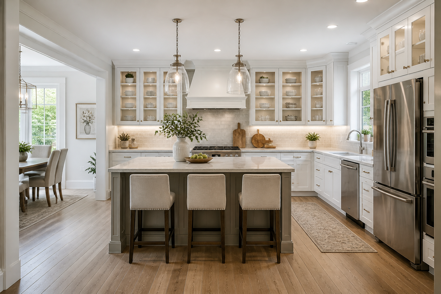 Bright kitchen with white glass cabinets