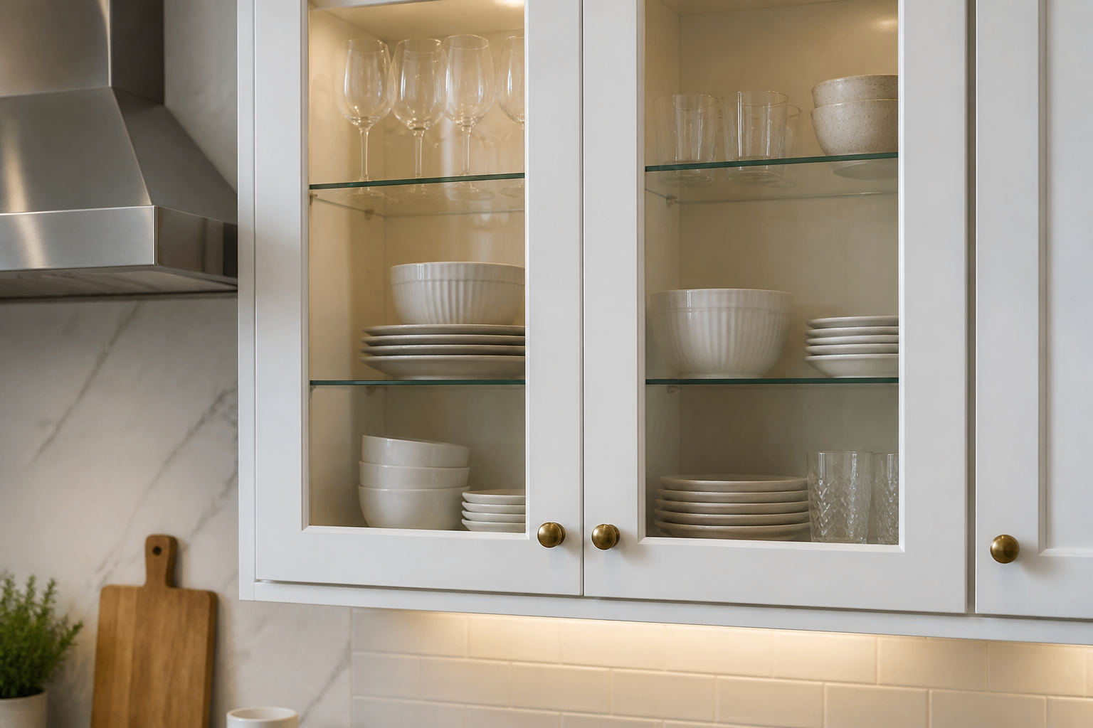 White glass cabinets in transitional kitchen