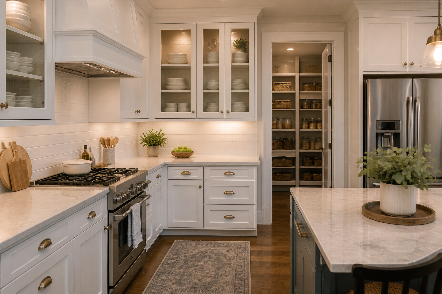 White glass cabinets with light countertops