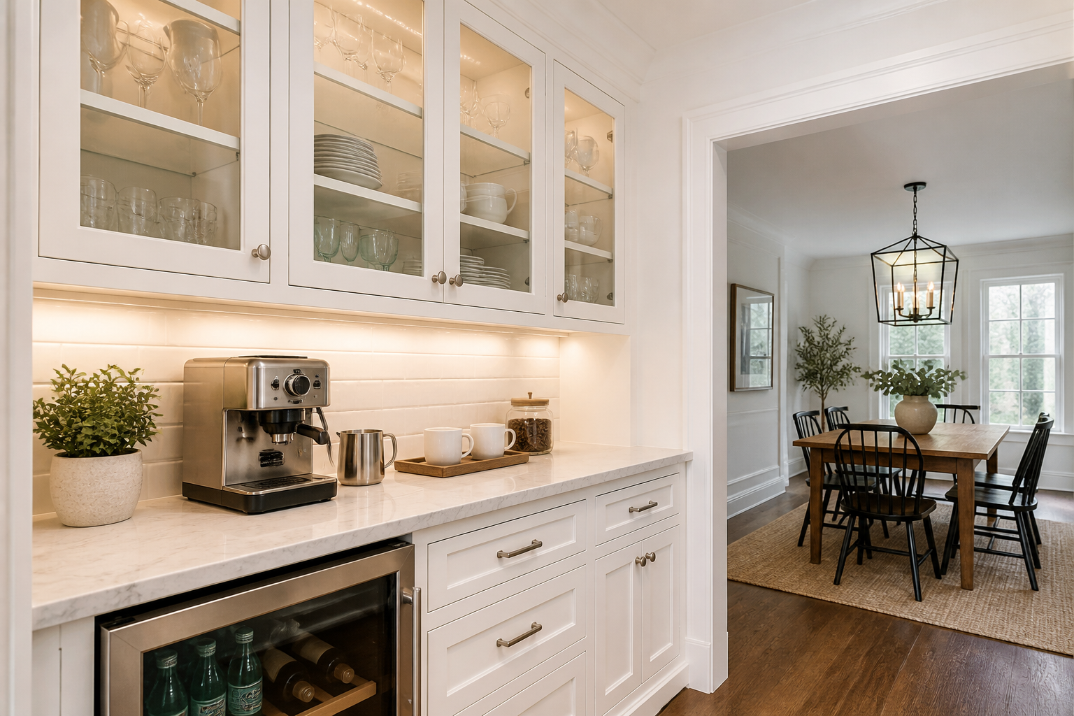 Modern kitchen featuring white glass doors