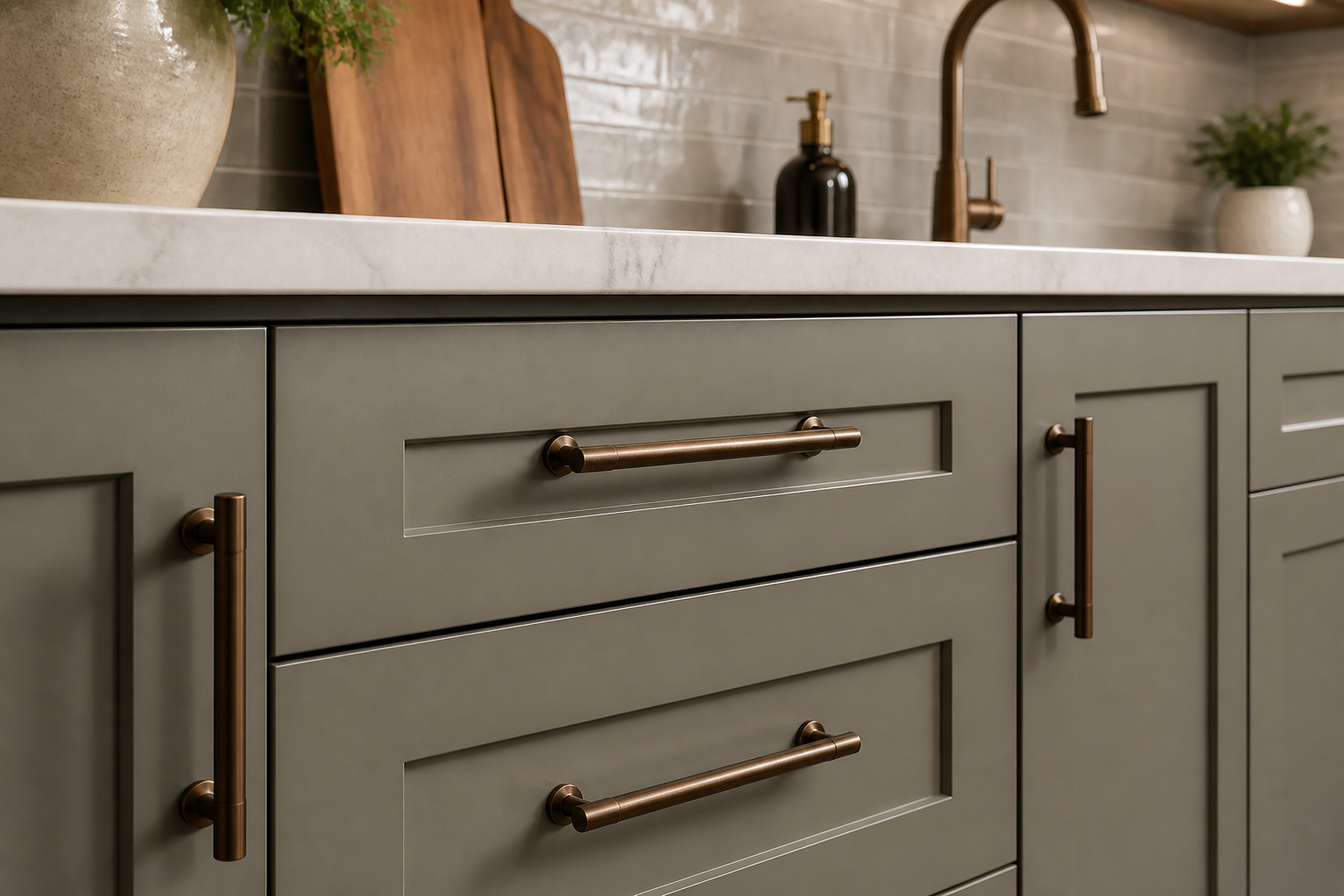 Close up of bronze cabinet hardware finishes