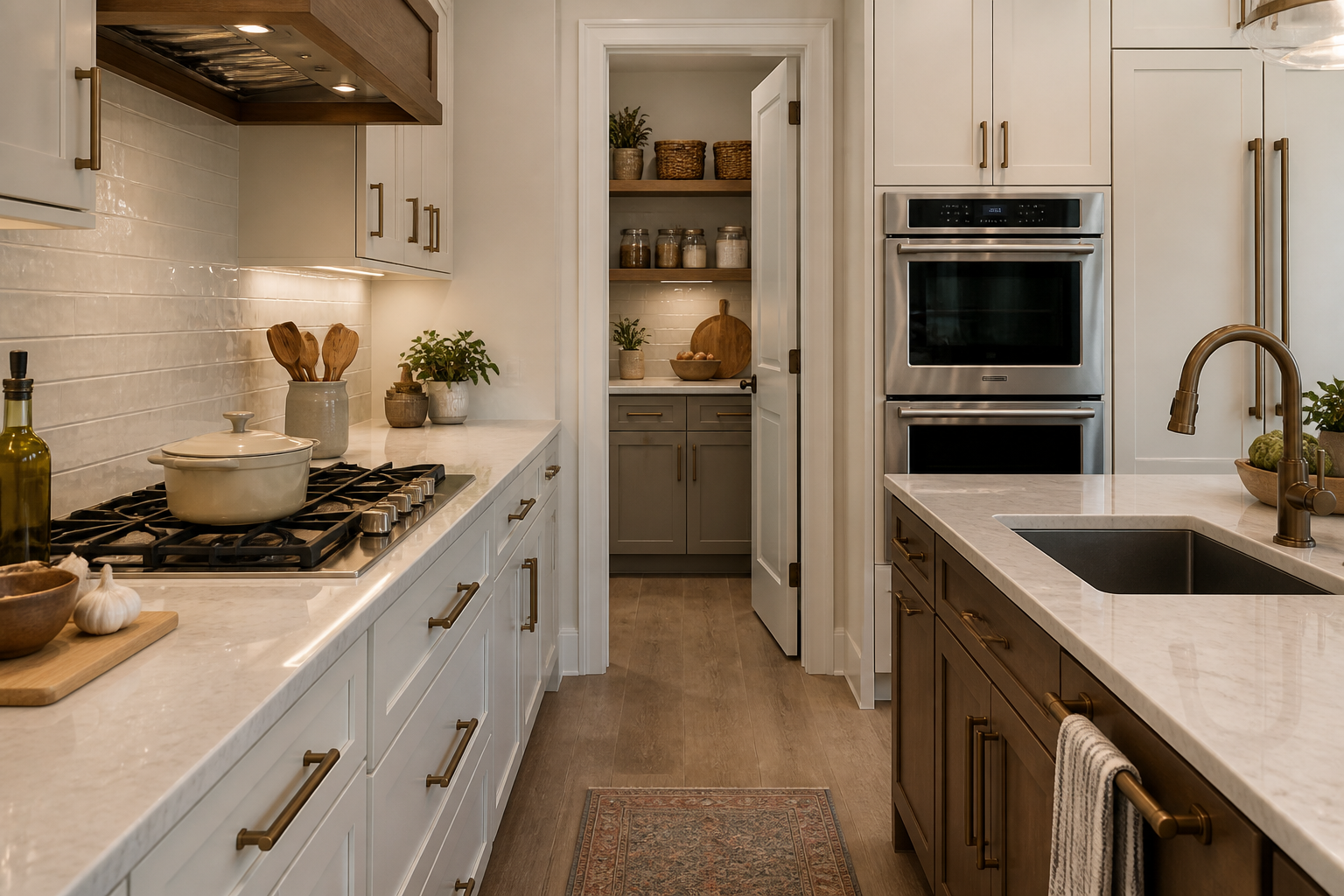 Kitchen mixing bronze hardware with other metals