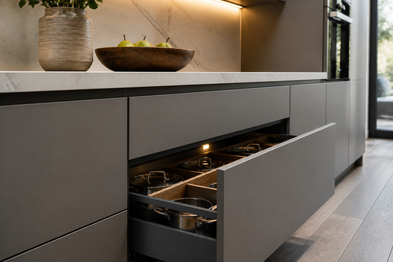 Close up of frameless cabinet drawers