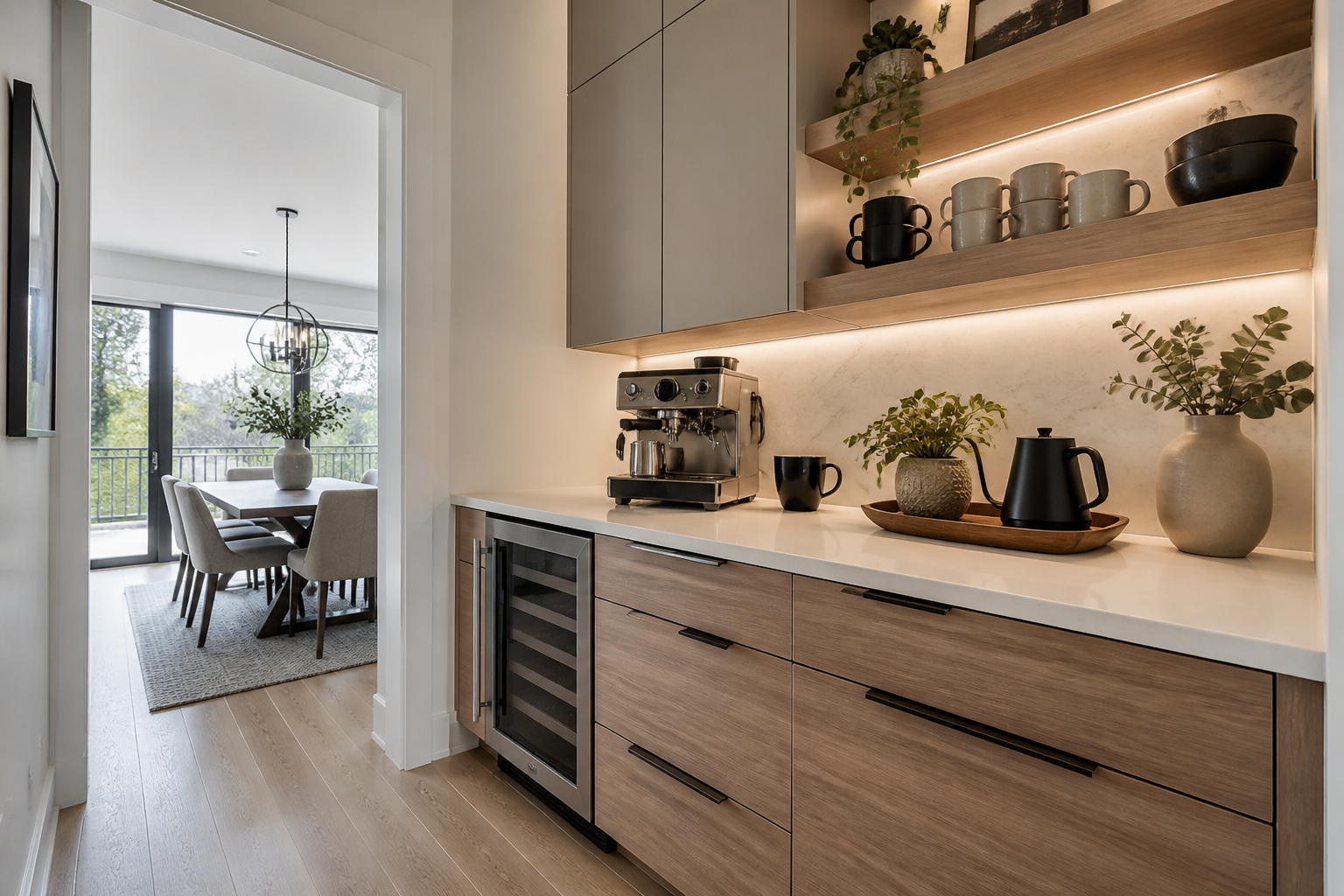 Open concept kitchen with frameless cabinetry