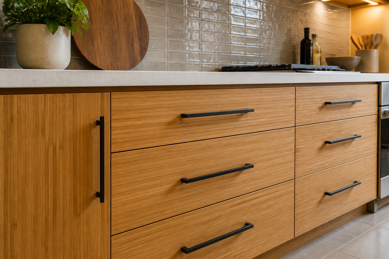 Light bamboo cabinetry in bright kitchen