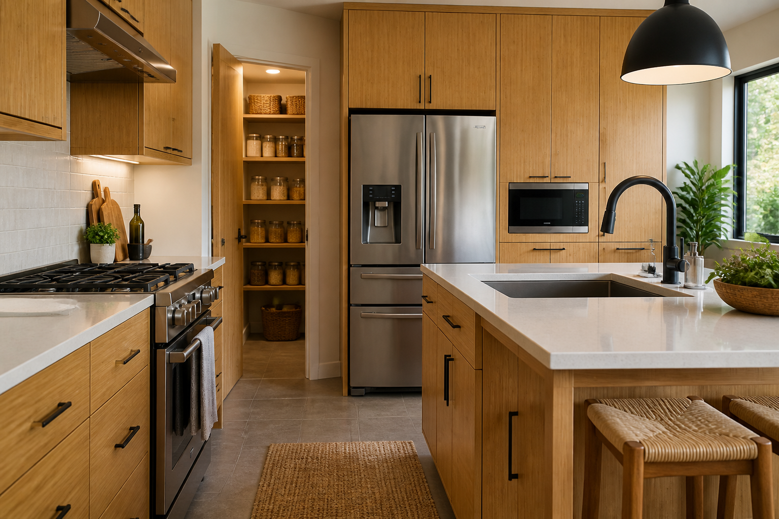 Bamboo cabinets paired with light countertops