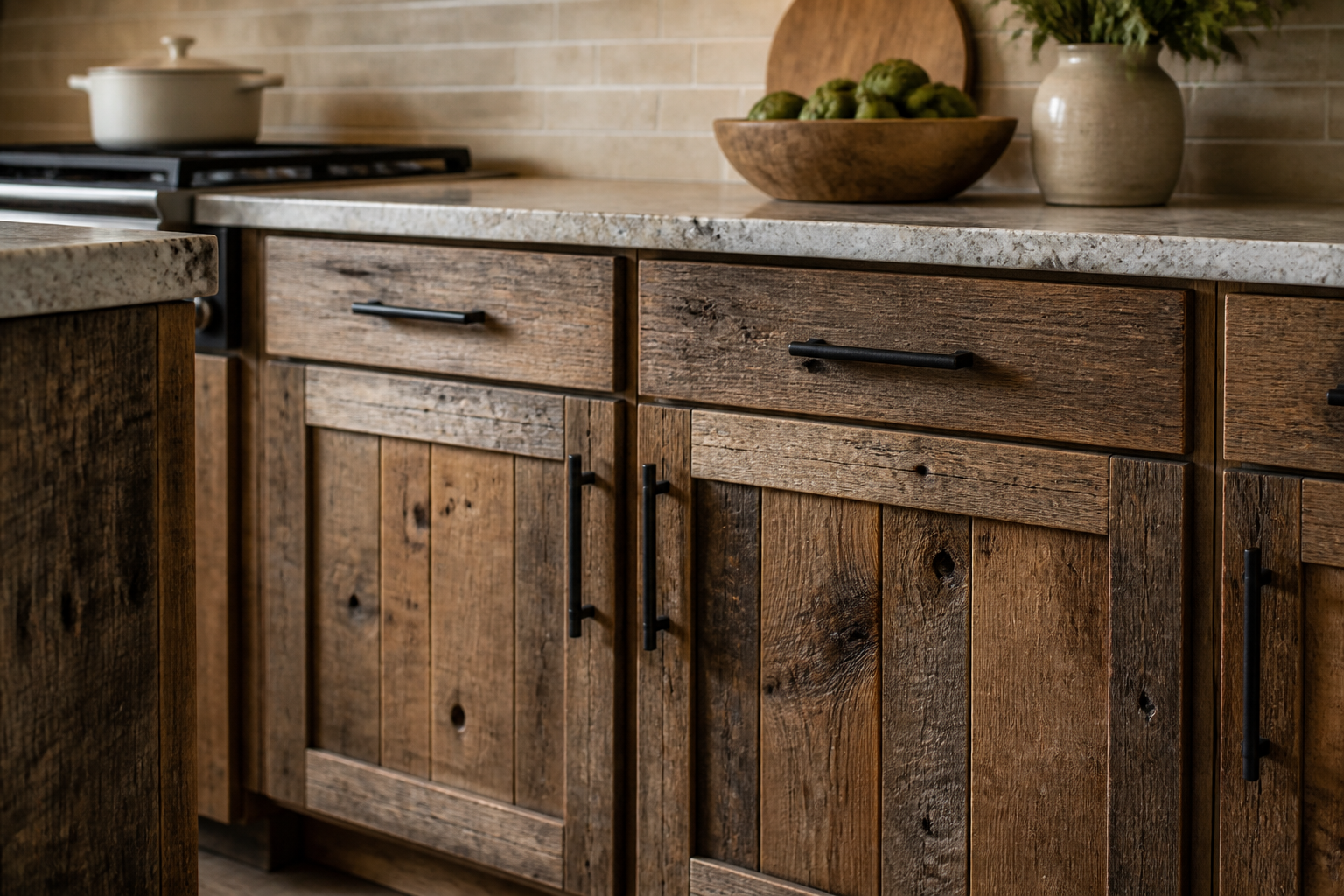 Rustic farmhouse kitchen with reclaimed cabinets
