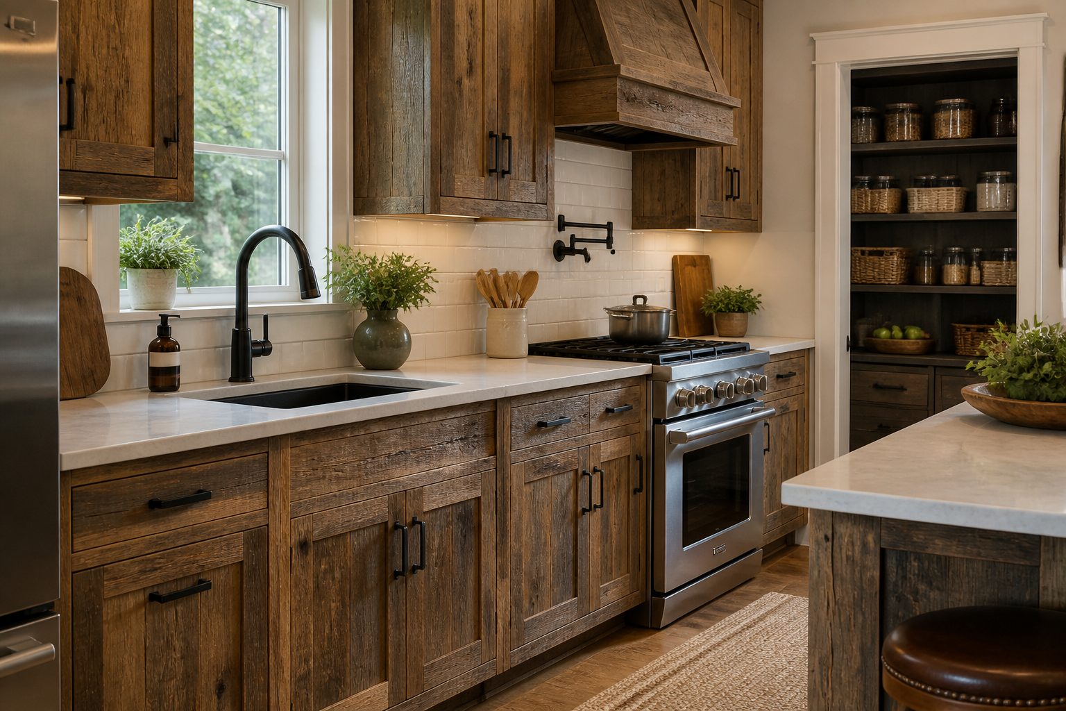Mixed finish kitchen with reclaimed wood accents