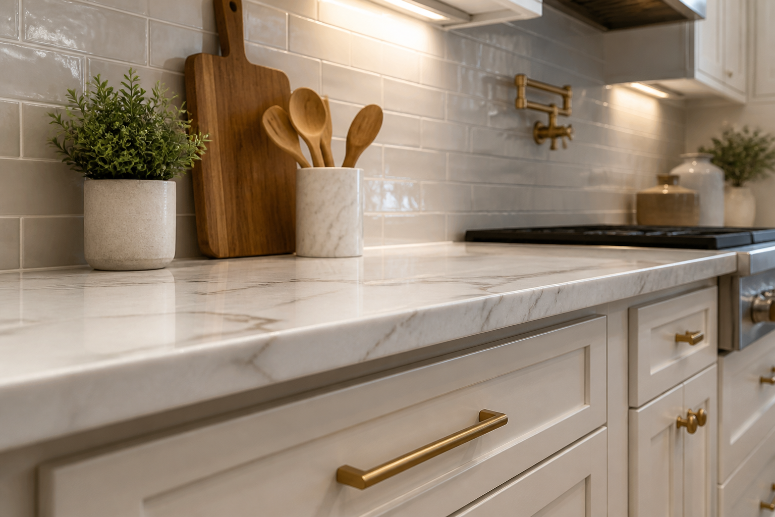 Shaker kitchen cabinets with quartz countertops