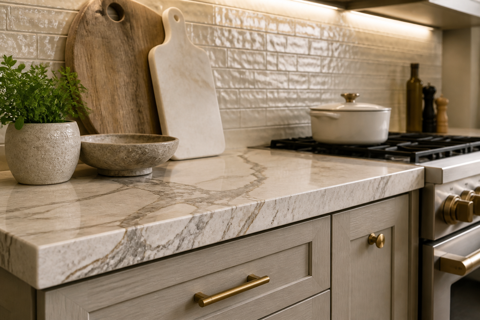 Textured kitchen cabinets with contrasting finishes