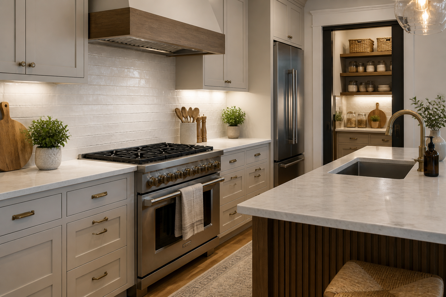 Kitchen flooring combining wood and tile textures