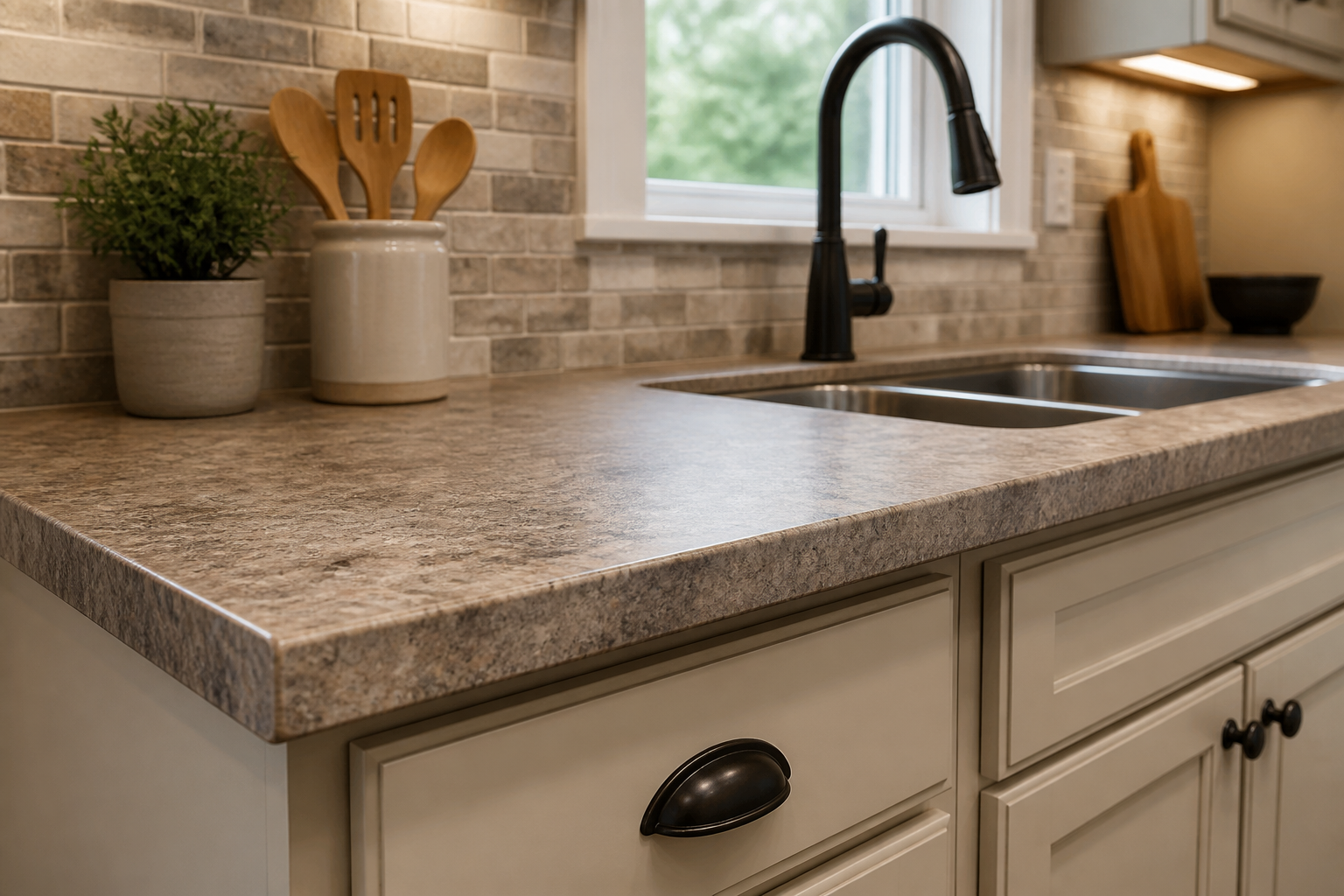 Laminate countertops in bright remodeled kitchen