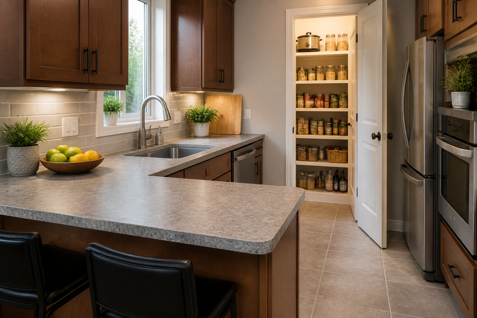 L shaped kitchen with laminate counters