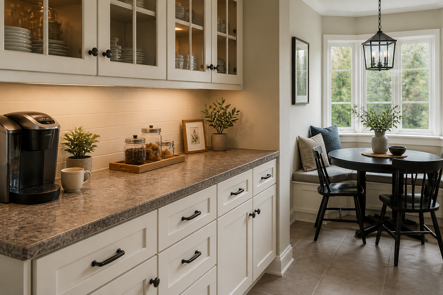Coordinated cabinets laminate counters and backsplash