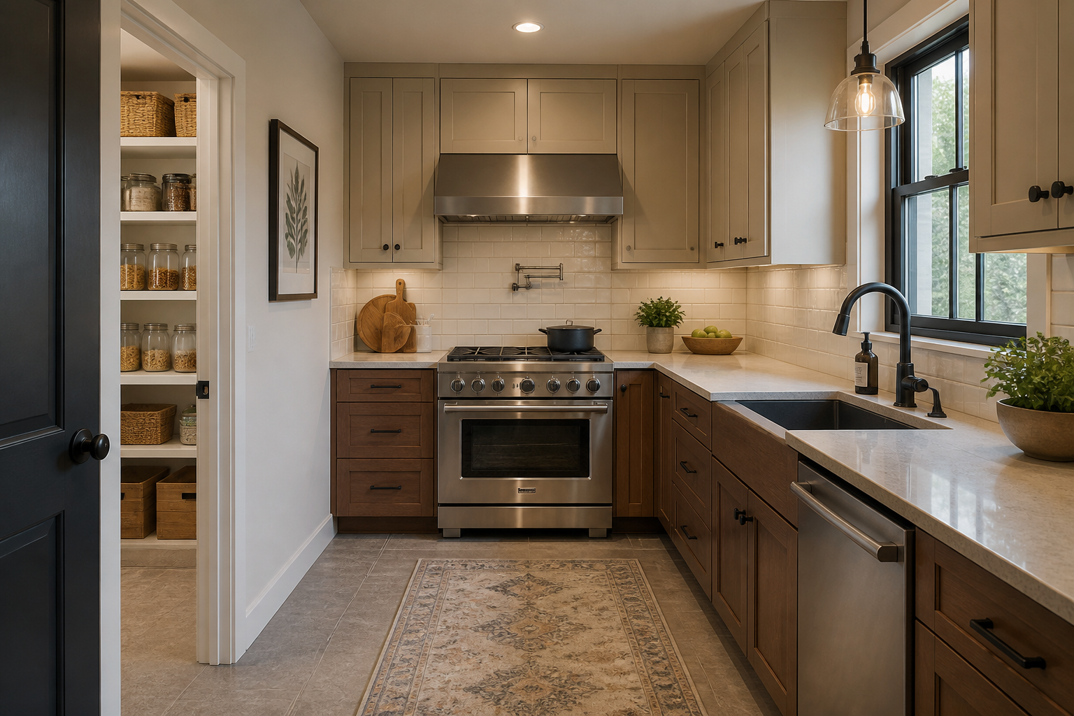 Quartz countertops in bright closed kitchen