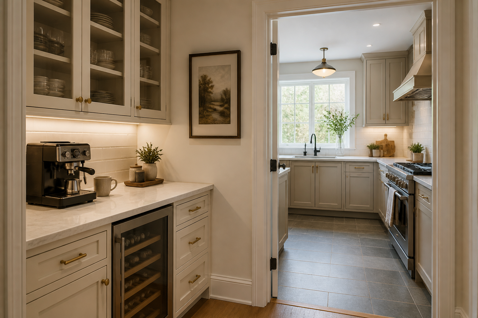 Closed kitchen with coordinated finishes and lighting