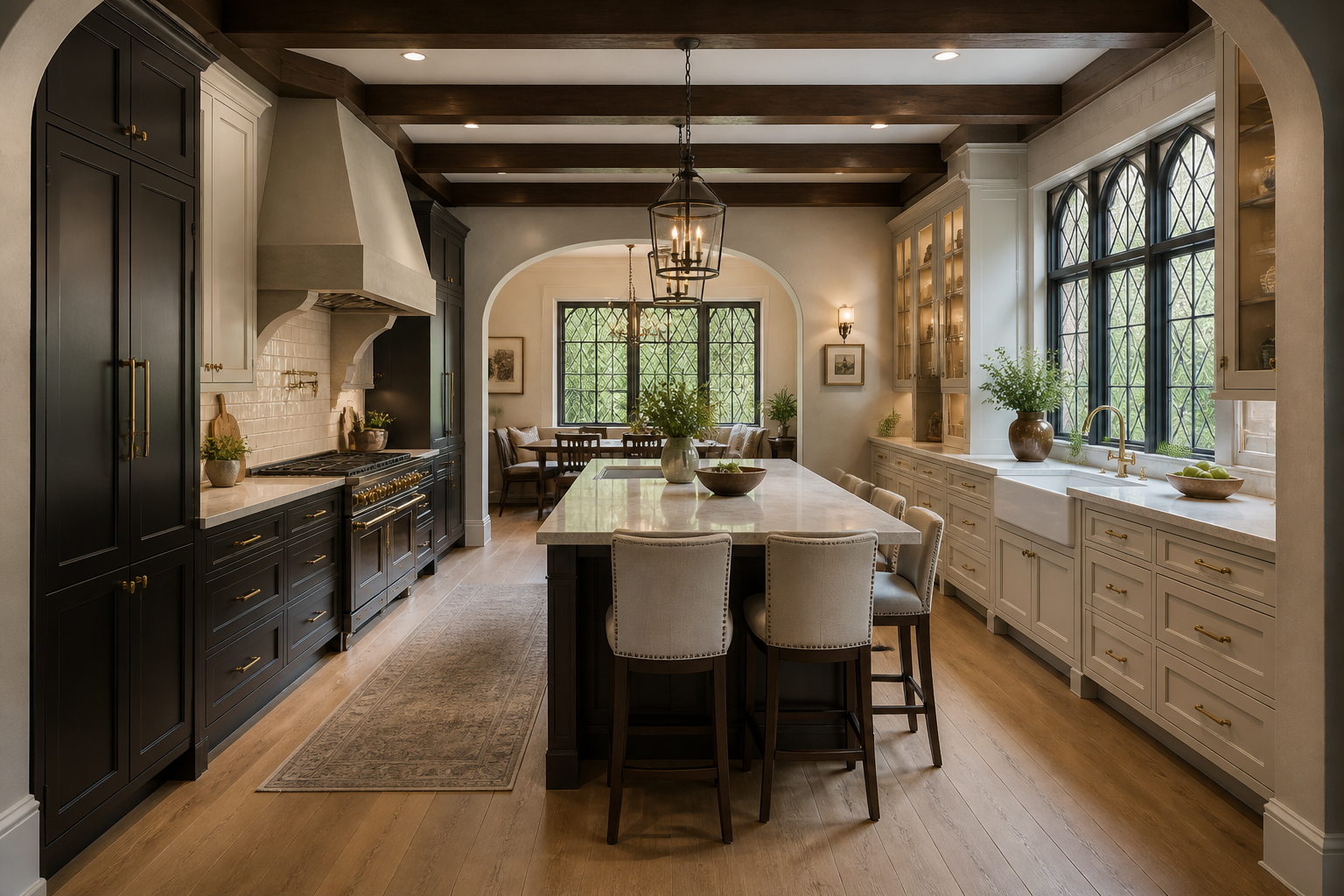 Modern Tudor kitchen with warm wood cabinetry