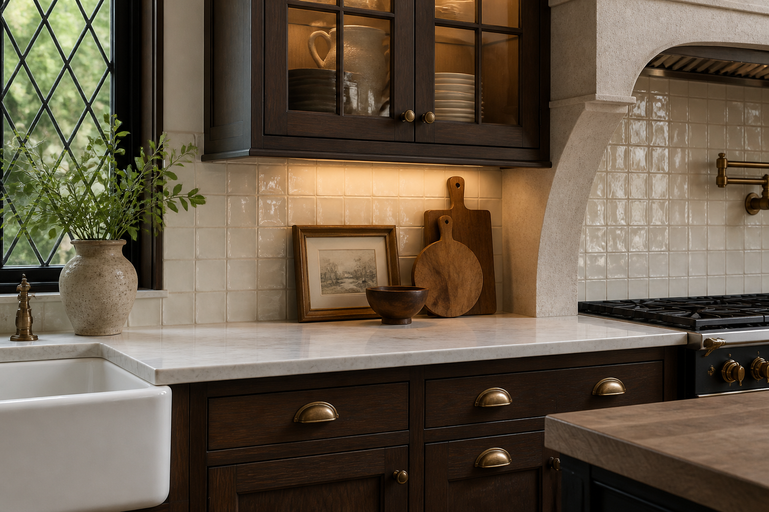 Tudor inspired kitchen cabinets with glass fronts
