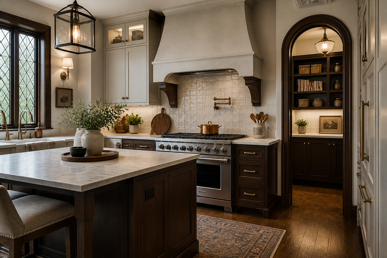 Tudor kitchen with tiled backsplash and range hood