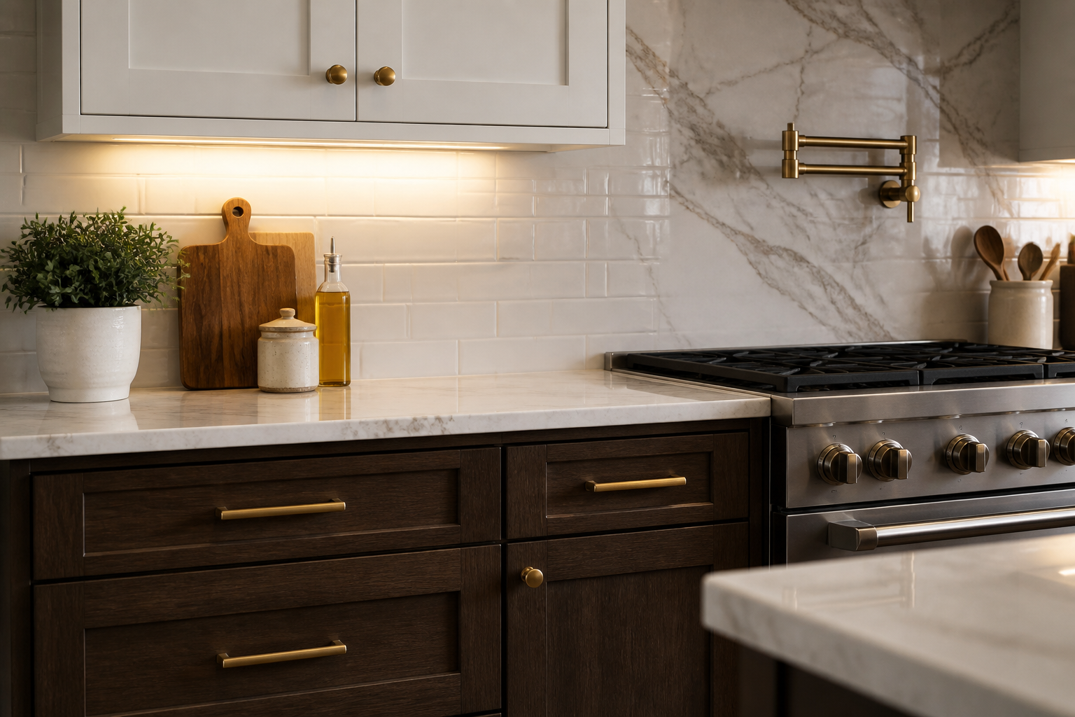 Two tone kitchen cabinets in brown and white