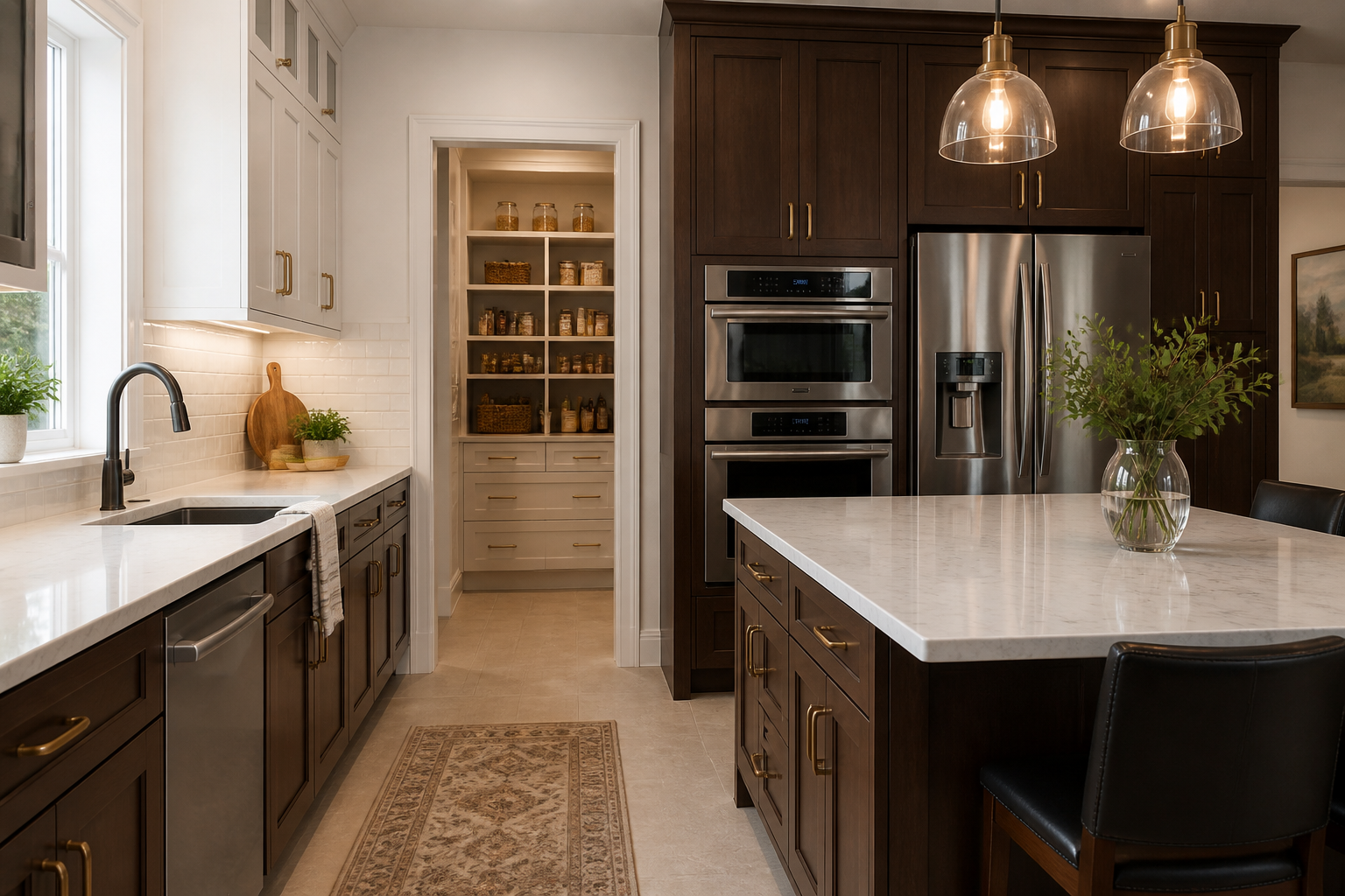 Quartz countertops and white backsplash combination