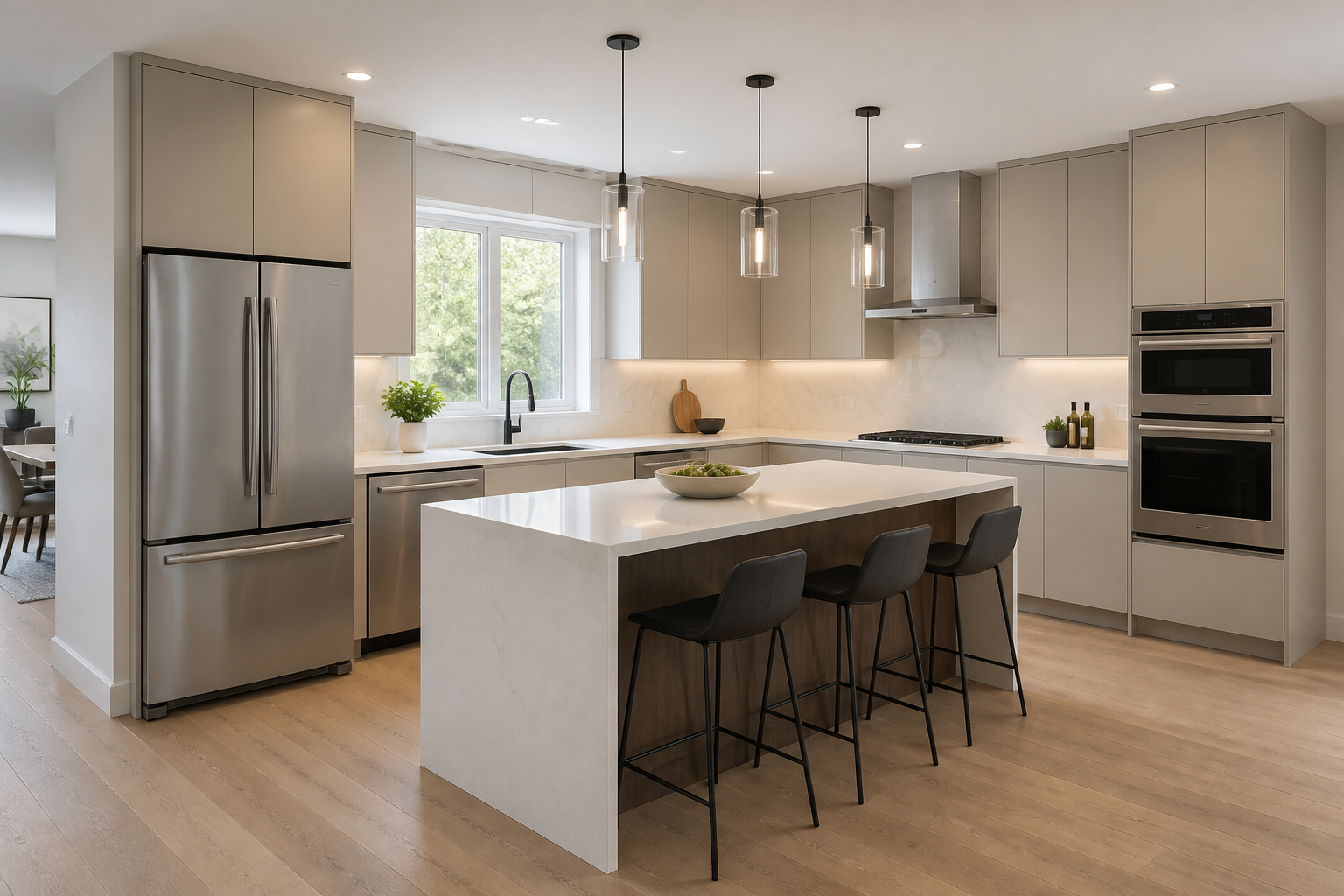 Open concept kitchen with frameless cabinetry