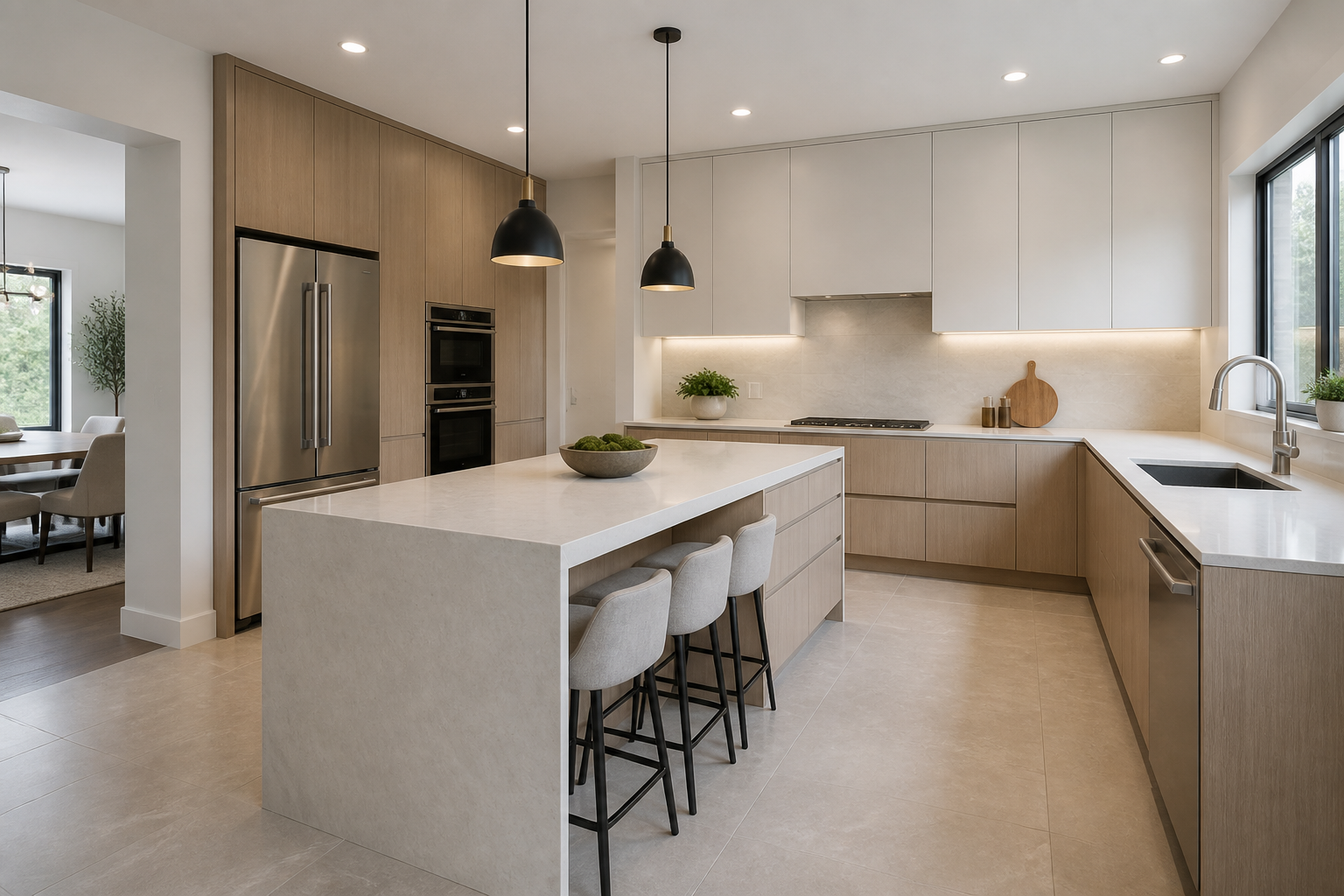 Frameless kitchen cabinets with large island