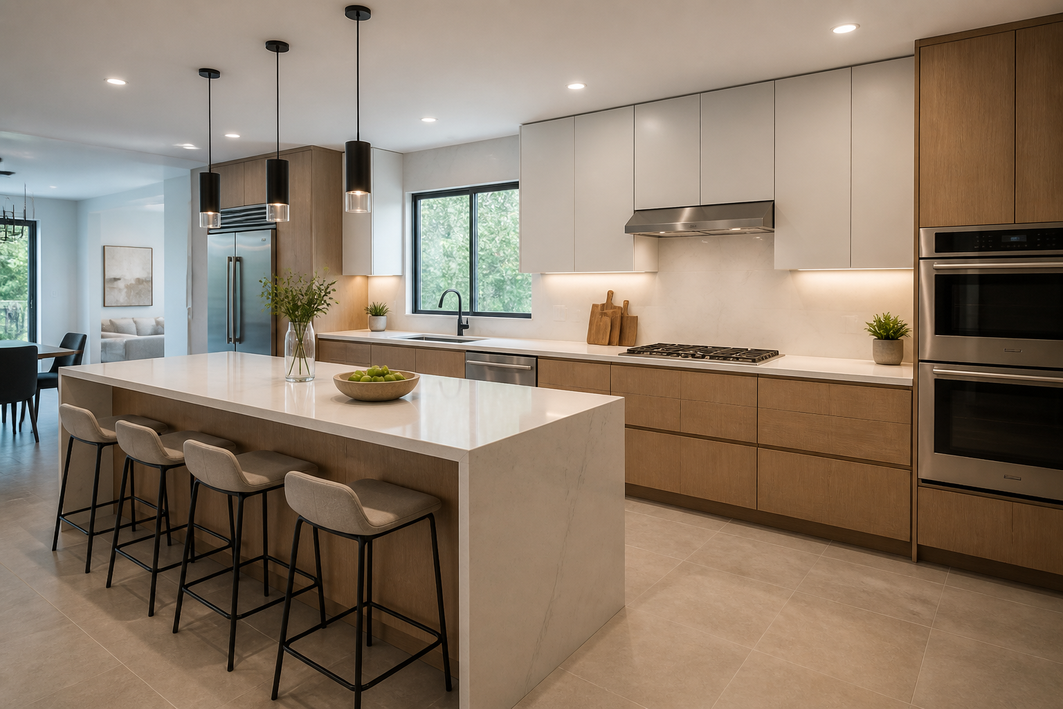 Contemporary frameless kitchen cabinets in neutral tones