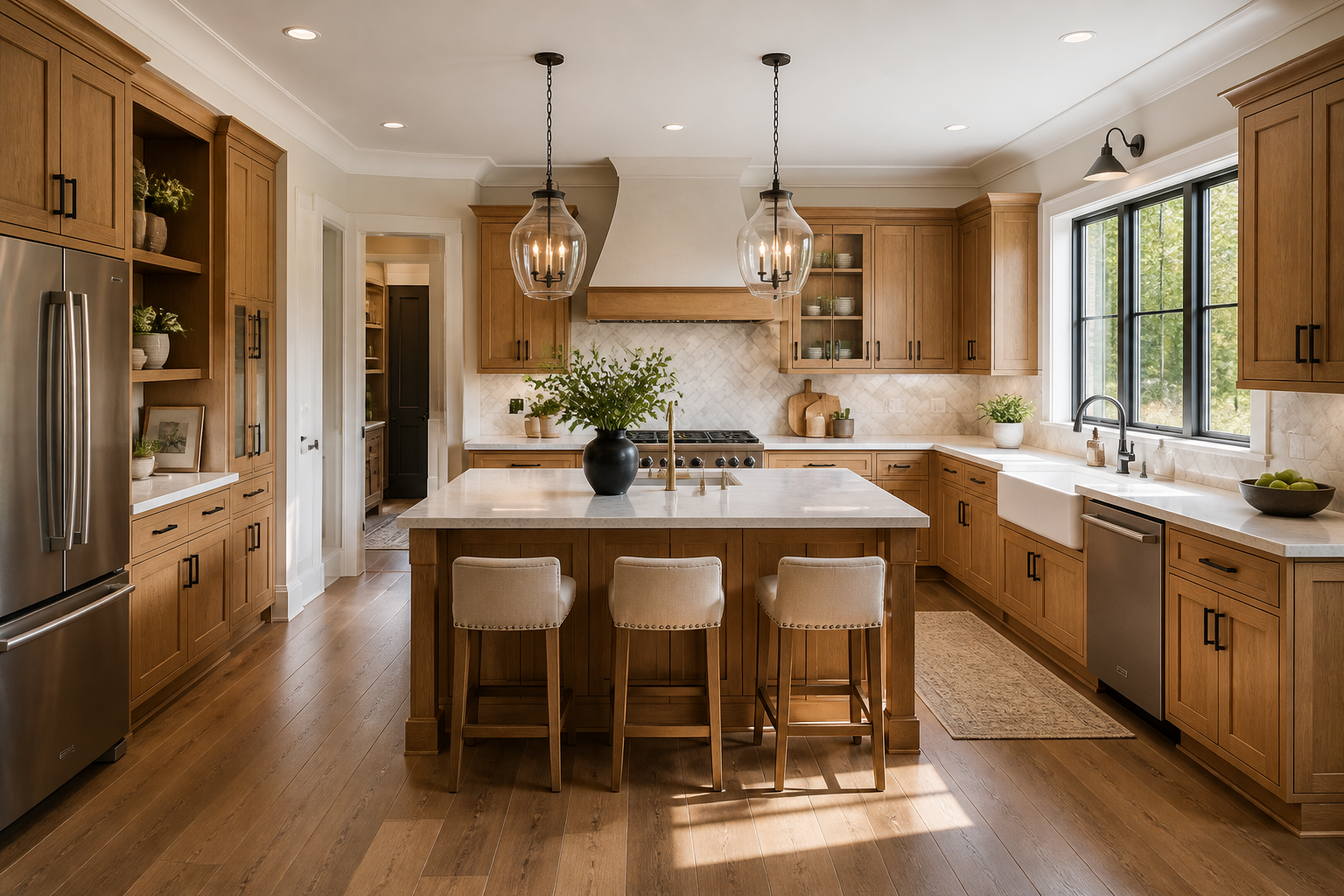 Modern kitchen with wood cupboards