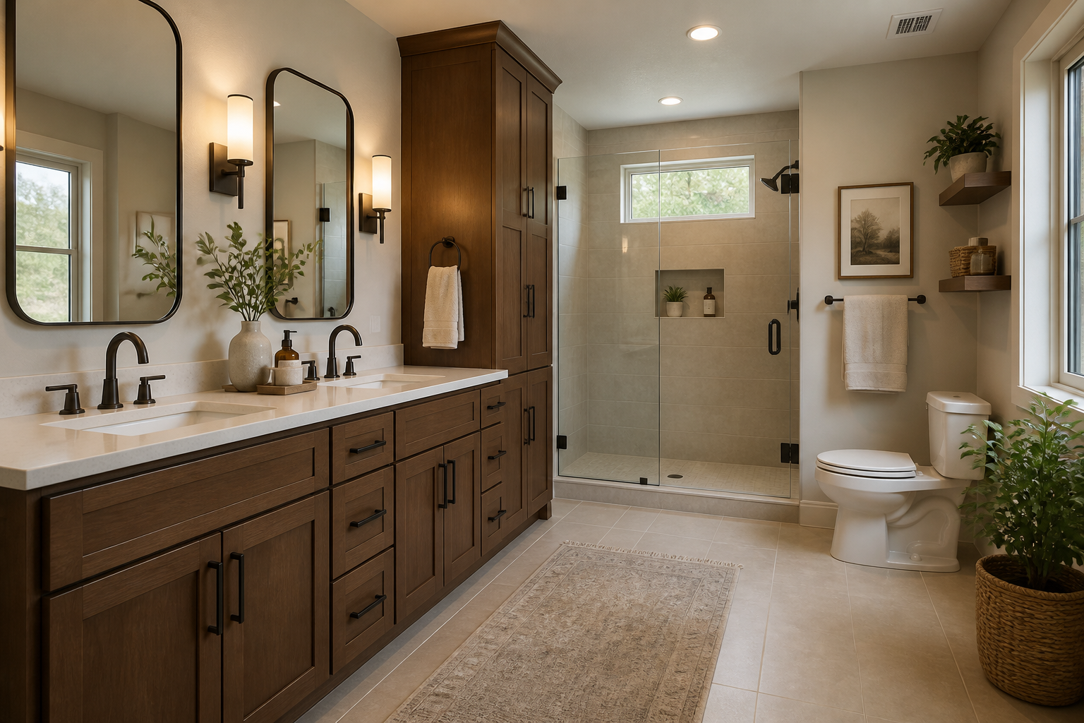 Brown vanity with light stone countertop