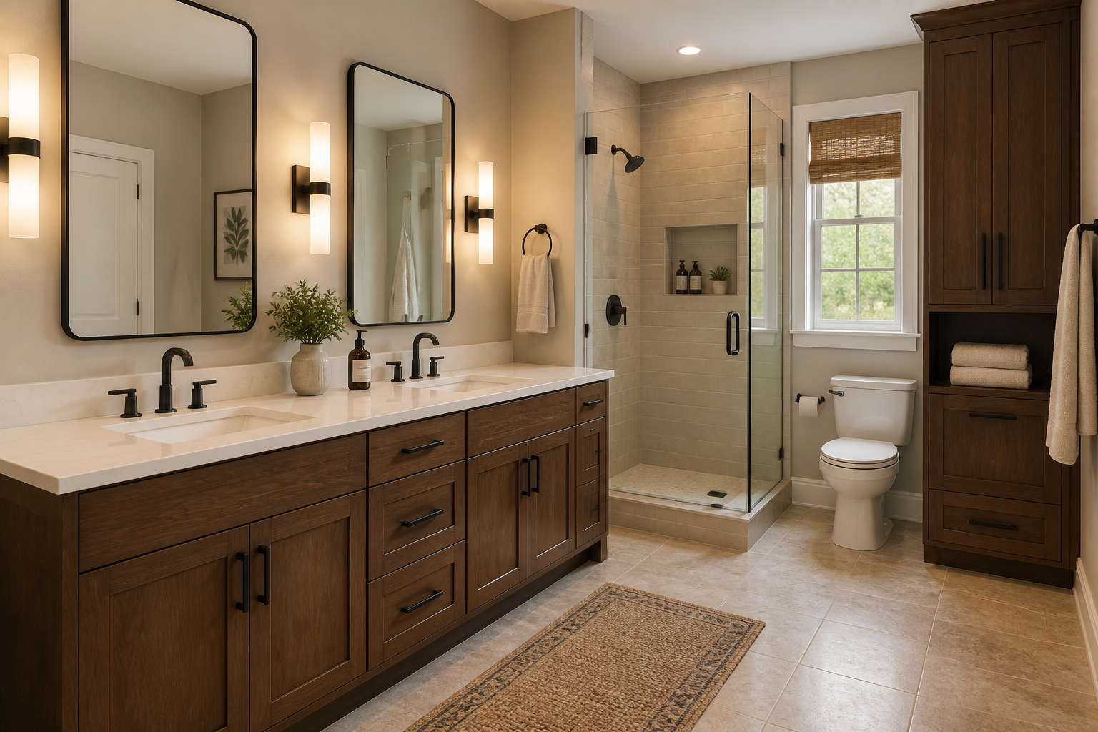 Brown vanity with layered bathroom lighting