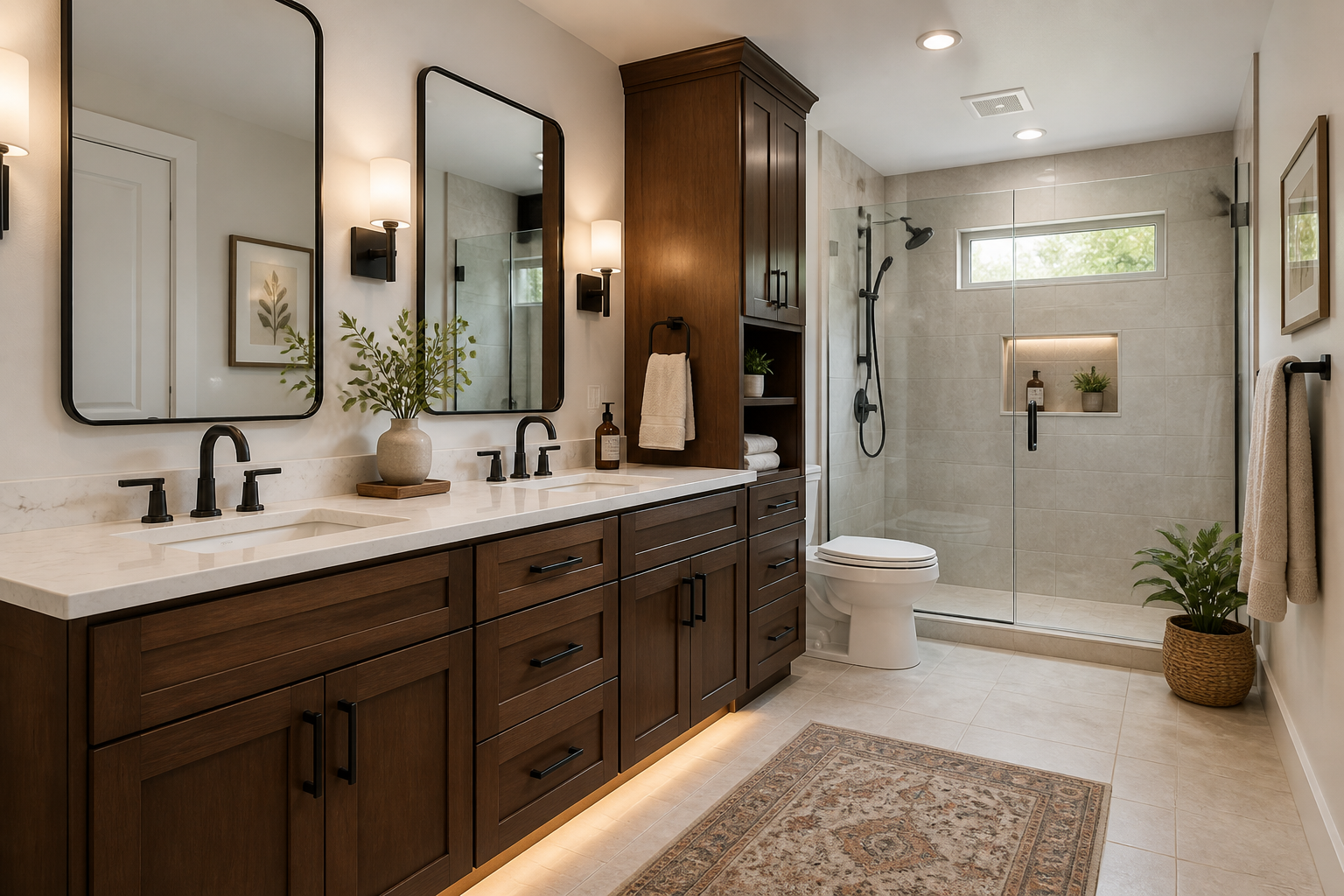 Designer planning brown cabinet bathroom remodel