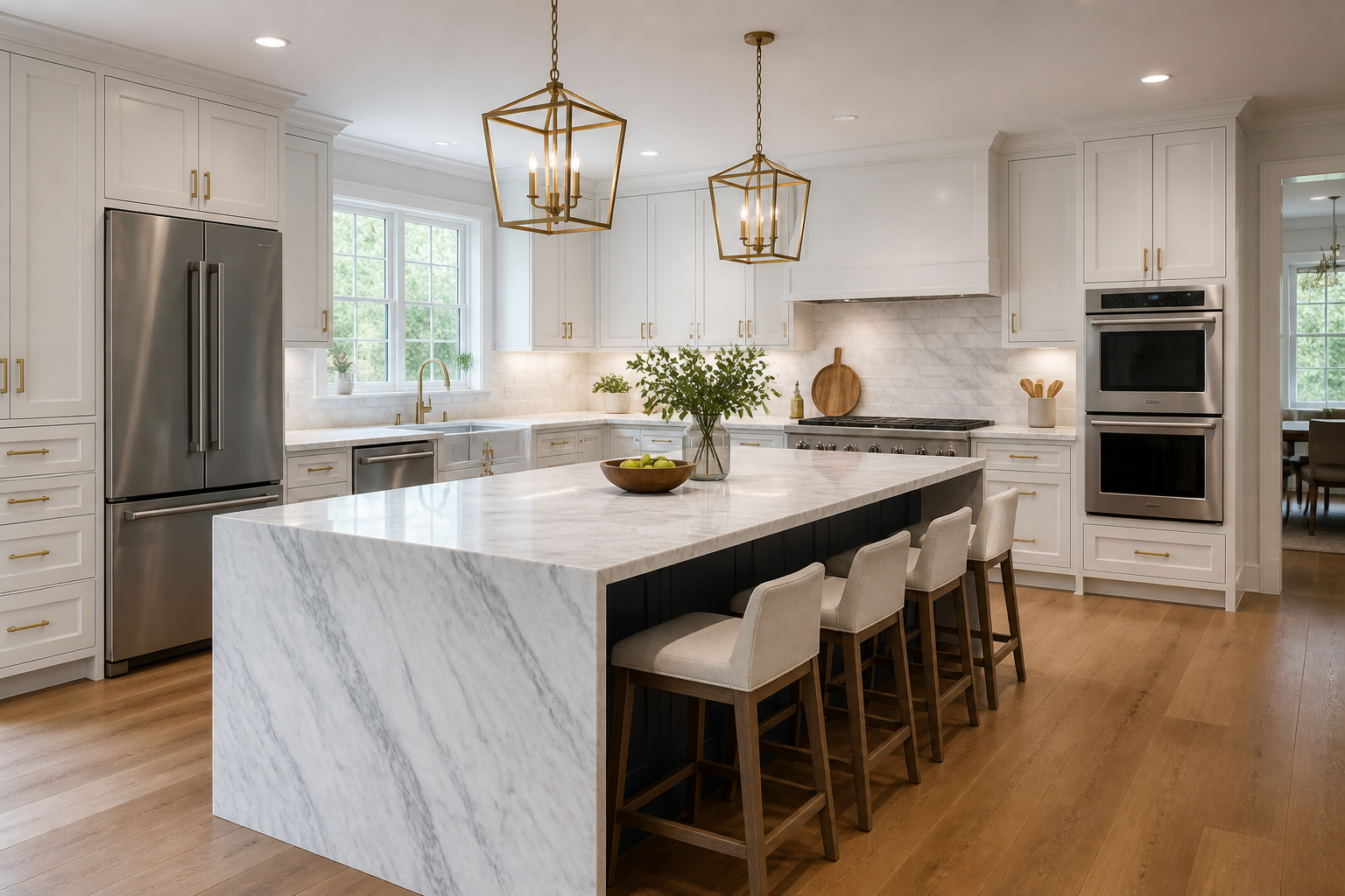 Dark marble island in bright white kitchen