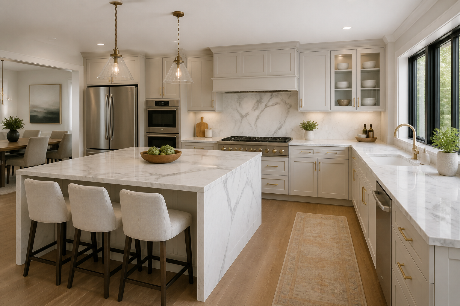 Waterfall marble island as kitchen centerpiece
