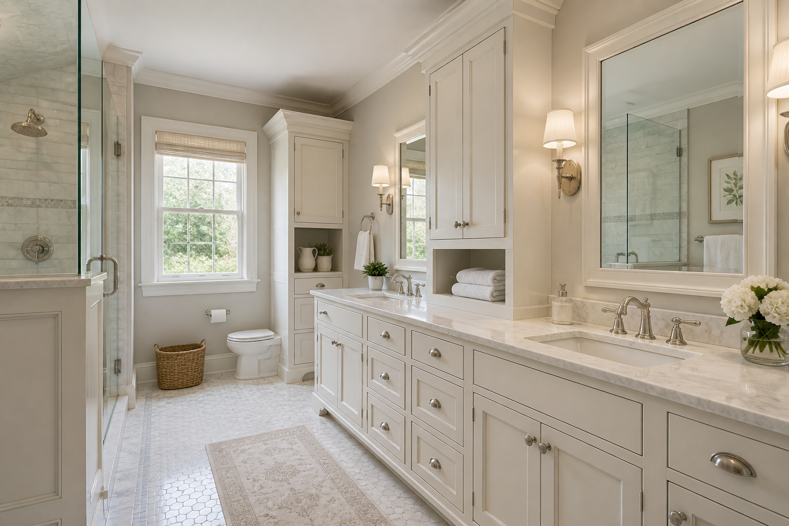Classic white vanity with raised panel doors