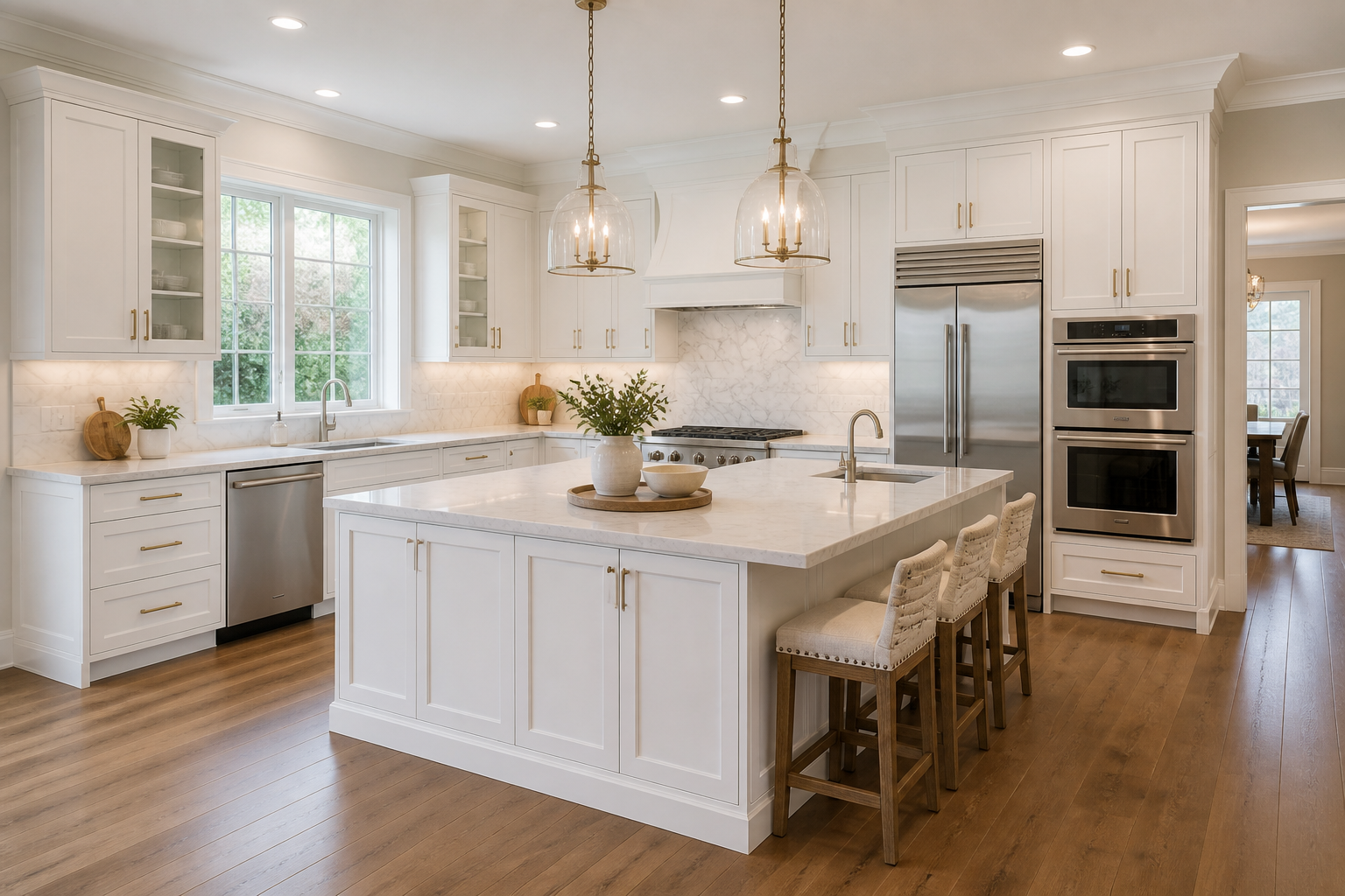 Inset white kitchen cabinets with island