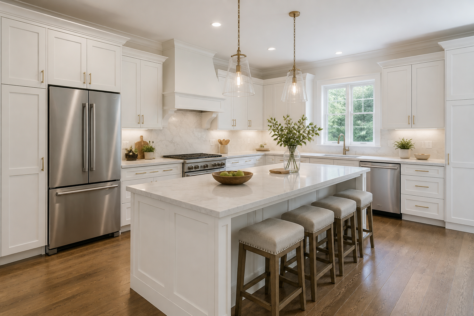 Spacious white kitchen with island seating