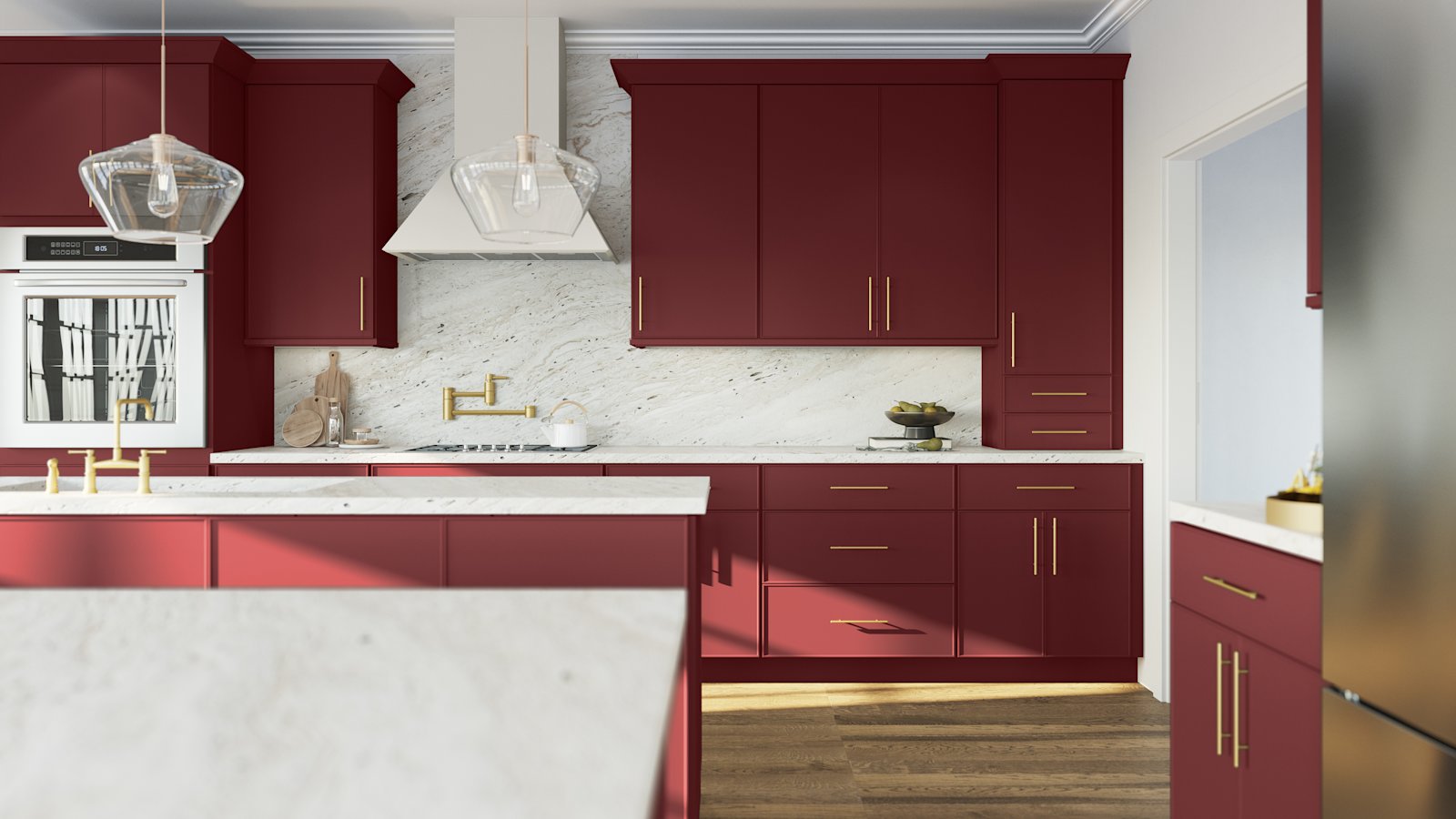 Kitchen with Echo Cabernet Red cabinets by Fabuwood