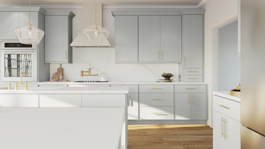 Cloud White micro shaker kitchen cabinets with slim brass hardware and a light wood floor. Fabuwood Echo.