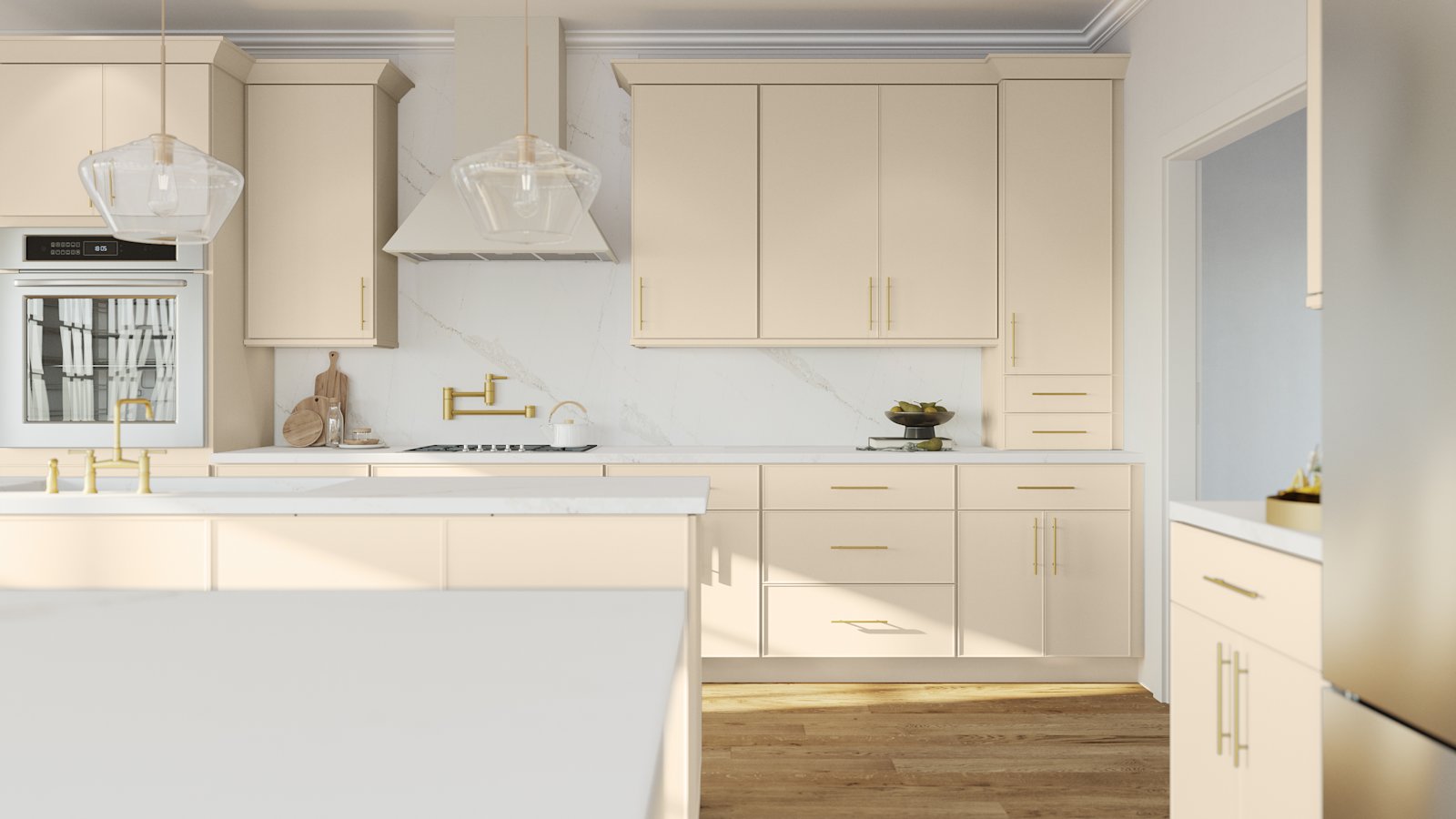 Kitchen with Echo Macadamia Beige cabinets by Fabuwood