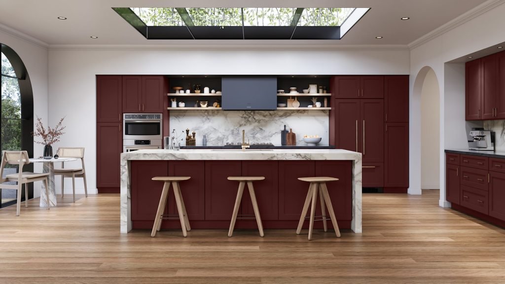 Cabernet Red transitional shaker kitchen cabinets from the Fabuwood Fusion collection