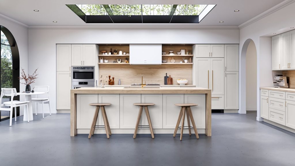 Cloud White transitional shaker kitchen cabinets with a wood-topped island, a skylit room, open shelving and a concrete floor. Fabuwood Fusion.
